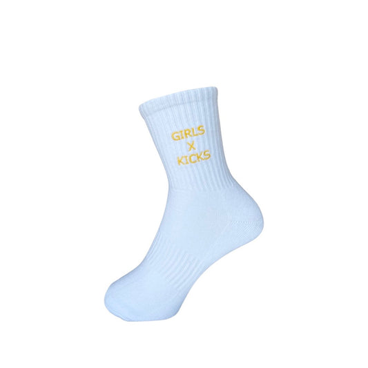 White Cotton Crew Length Socks with Yellow Girls Times Kicks embroidery. 