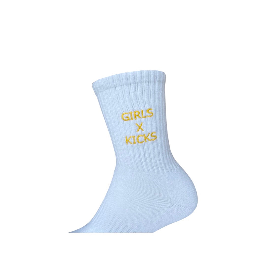 White Cotton Crew Length Socks with Yellow Girls Times Kicks embroidery